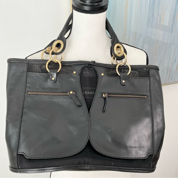 Black Donald J. Pliner Leather Mesh Tote Bag Purse Medium Gold Hardware - Picture 5 of 10